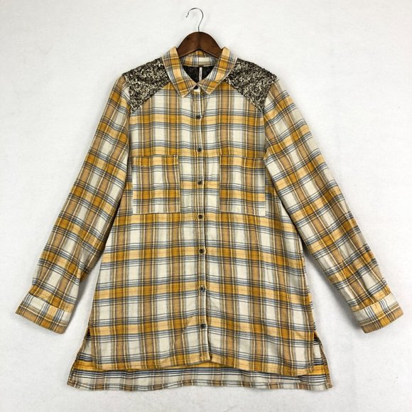Free People Women's Size Large Little Bit Of Sugar Yellow Plaid Sequin Tunic Top